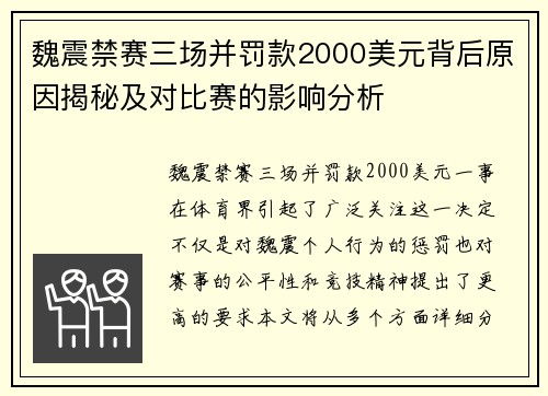 魏震禁赛三场并罚款2000美元背后原因揭秘及对比赛的影响分析