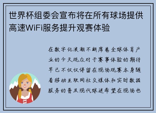 世界杯组委会宣布将在所有球场提供高速WiFi服务提升观赛体验