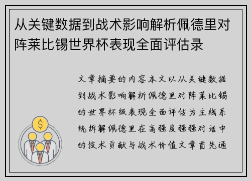 从关键数据到战术影响解析佩德里对阵莱比锡世界杯表现全面评估录